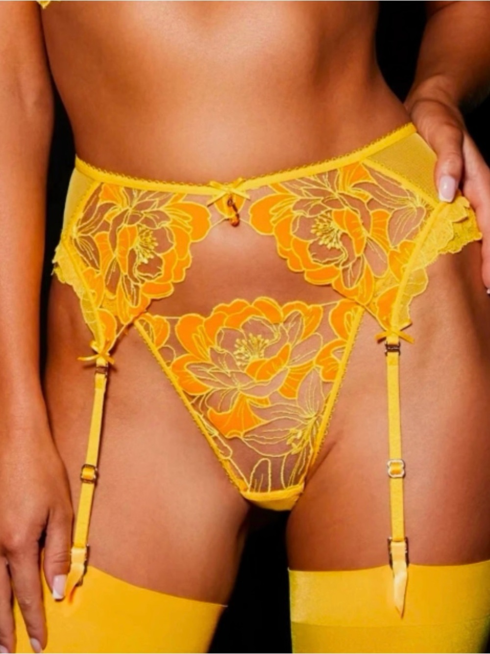 Honey Birdette MIA Buttercup Yellow Floral Embroidered Garter Belt